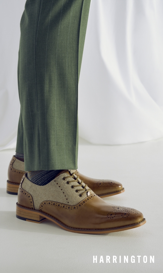 Men's Dress Shoes category. Image features the Harrington in tan. 