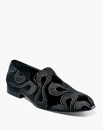 Swainson Plain Toe Embroidered Slip On in Black and Silver for $$80.00