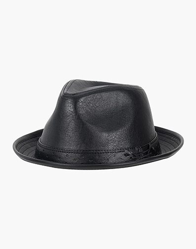 Halden Fedora Vegan Leather Pinch Front Hat in Black for $$40.00