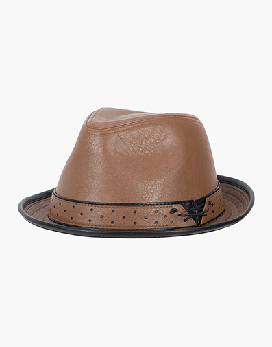 Halden Fedora Vegan Leather Pinch Front Hat in Cognac for $$40.00