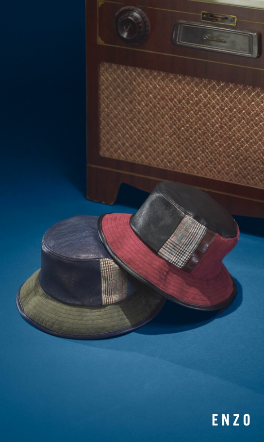 Men's Accessories view all category. Image features the Enzo bucket hat.