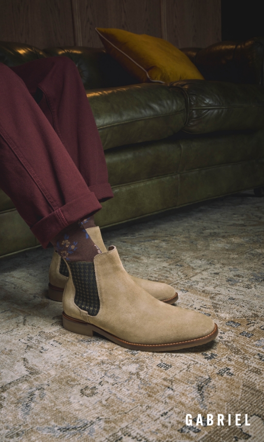 Shoes for Men view all category. Image features the Gabriel boot in sand.