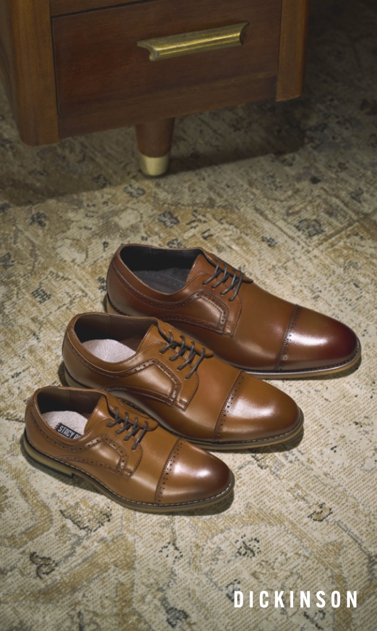 Boys Shoes view all category. Image features the infant and kids Dickinson in cognac. 