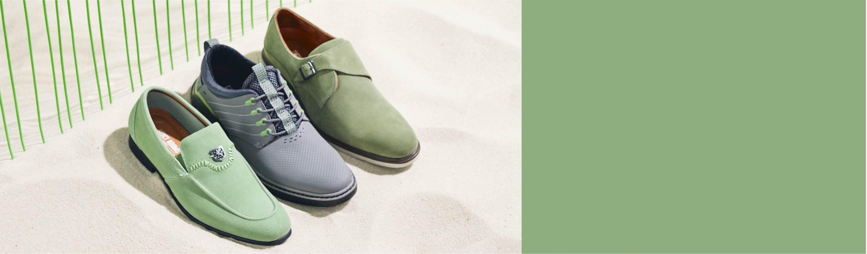 Click to shop the Stacy Adams pistachio color story. Image features the Quincy, Barna & Taylen.