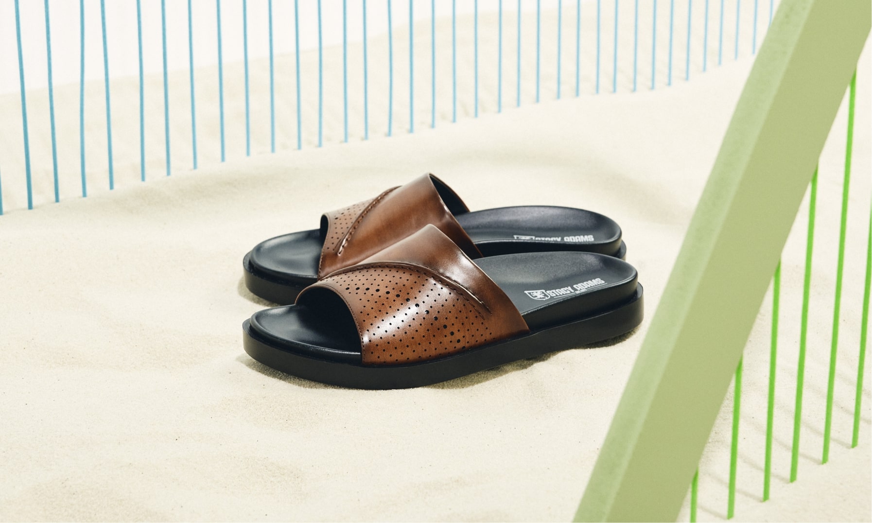 Click to shop Stacy Adams sandals. Image features the Monterey in cognac.