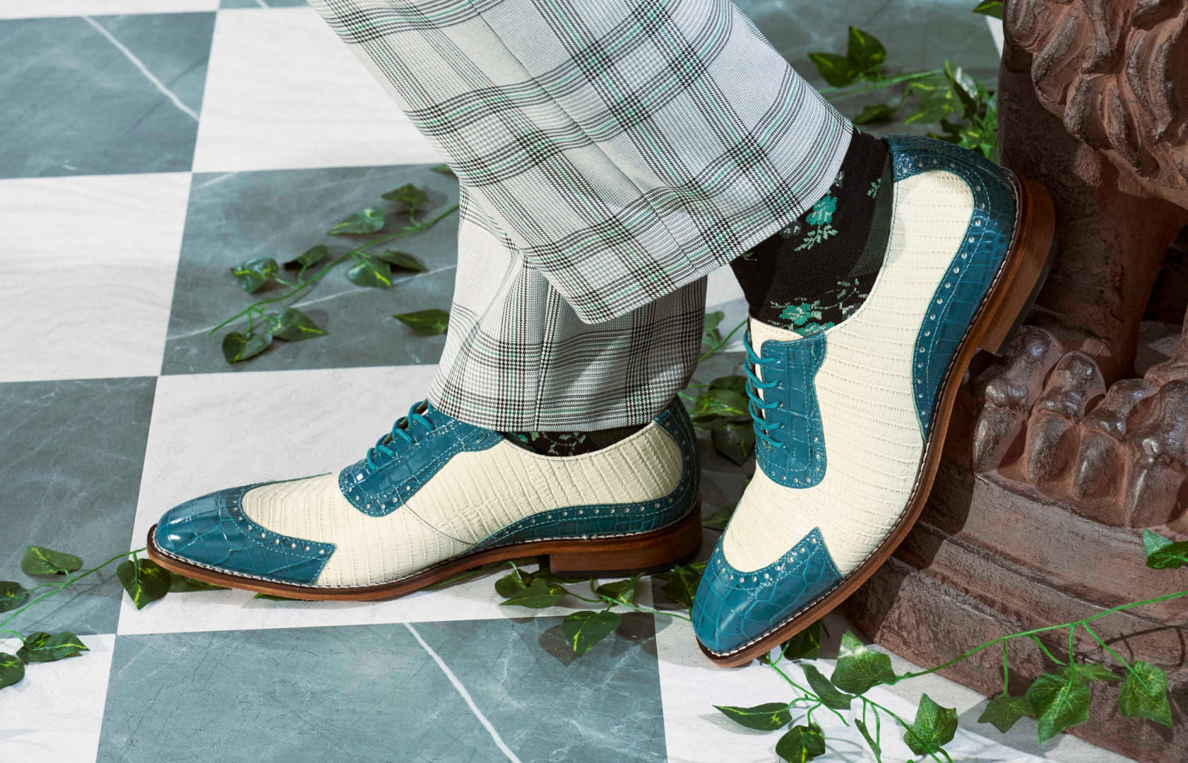 Shop Stacy Adams fashion styles featuring the Tarango in teal and white on a checkered floor.