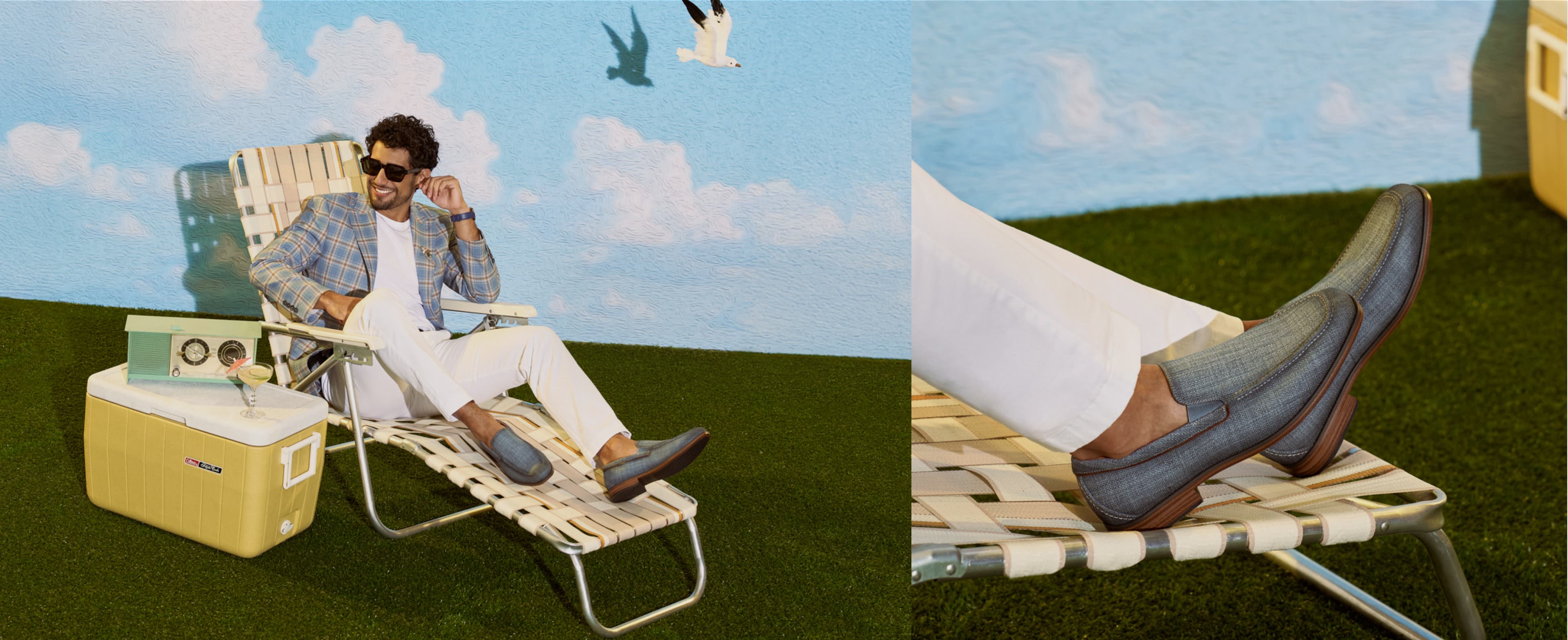 Shop new arrivals featuring a man on a lawn chair wearing the Ridgely in blue linen.