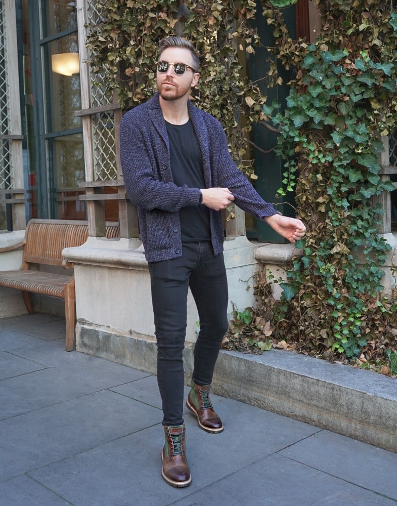 Image of social media influencer Jeremy Moore standing outside in the Griffyth Cap Toe Lace Up Zip Boot in Olive/Brown.