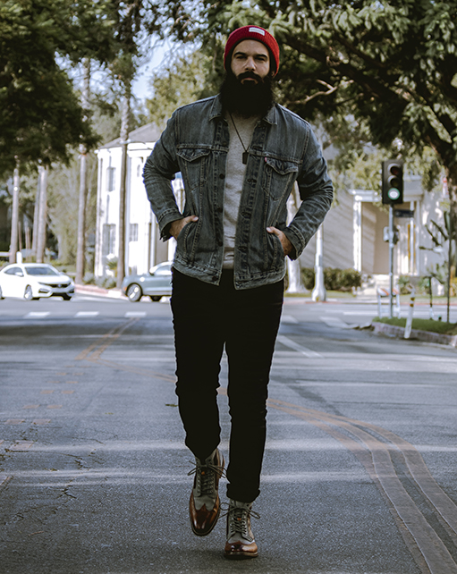 Image of social media influencer Anthony Mastracci walking down the street in our Finnegan Wingtip Lace Up Boot.