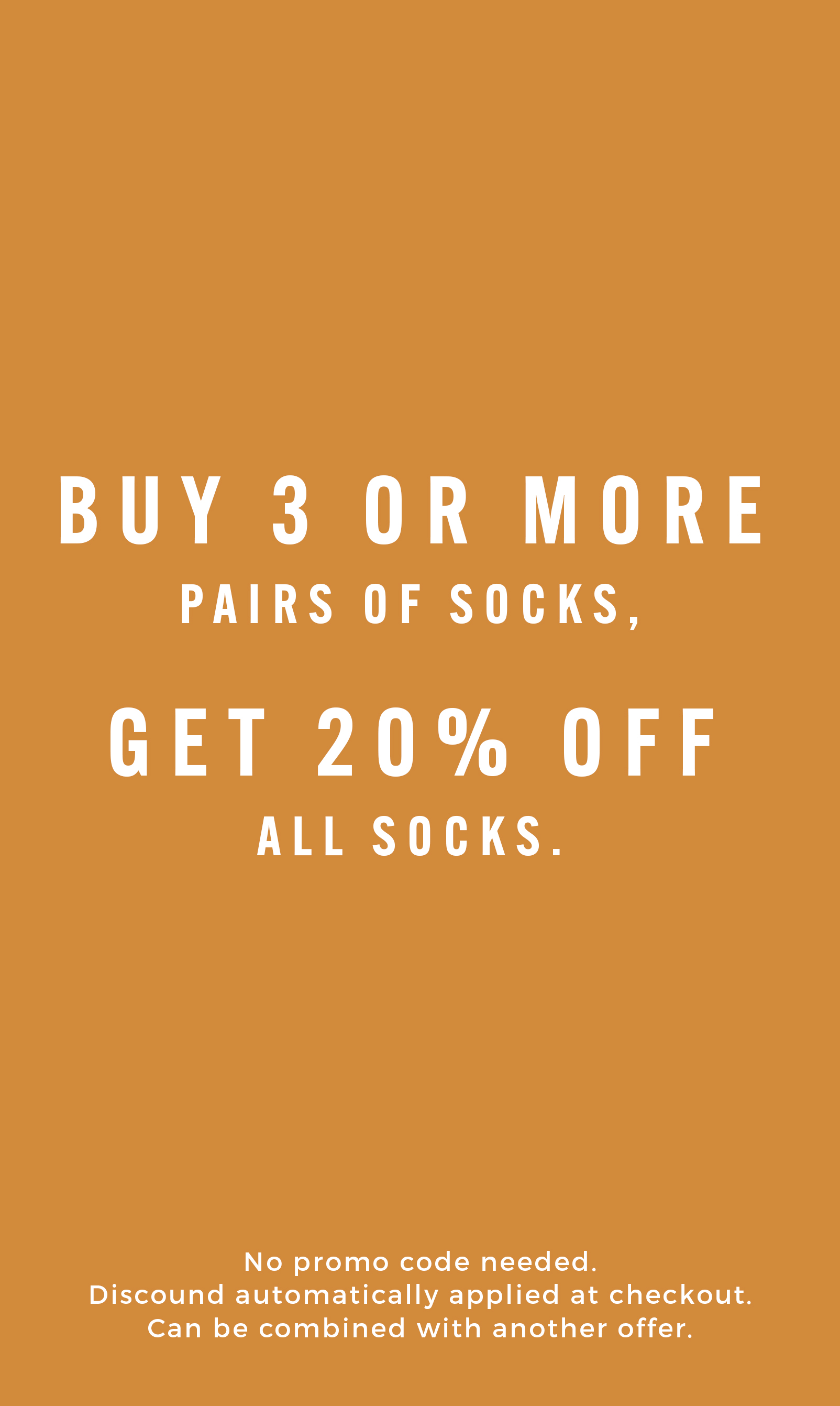 Men's Socks category. Buy 3 or more pairs of socks, get 20% off all socks. No promo code needed. The image features a pair of Florsheim socks. 