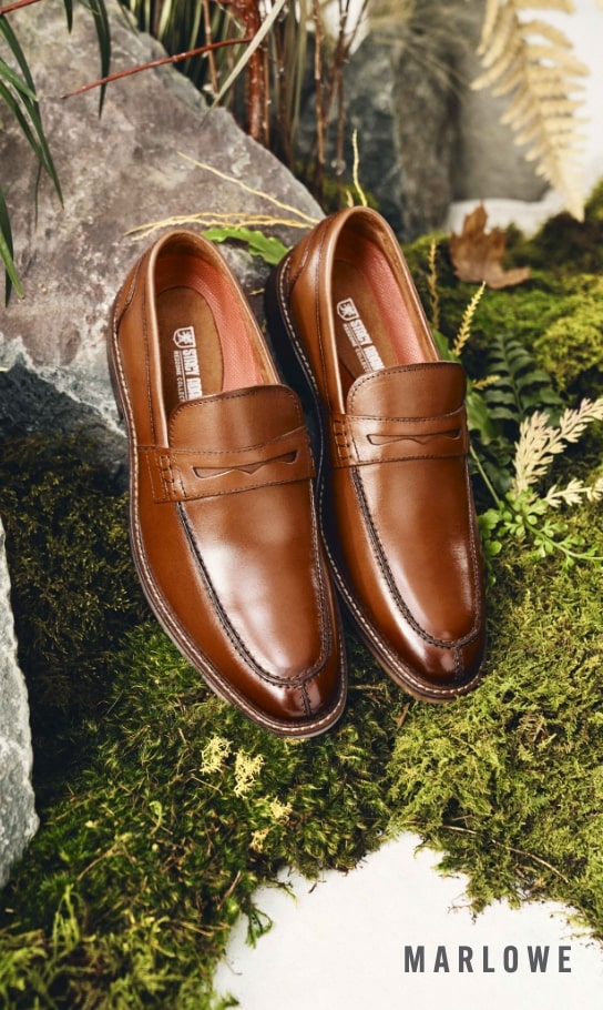 Men's Dress Shoes category. Image features the Marlowe loafer in cognac.