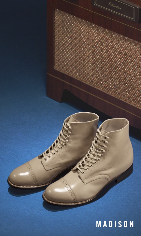 Men's Classic Shoes category. Image features the Madison boot in ivory.