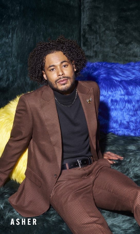 Men's Casual Wear category. Image features the Asher sweater under a suit.