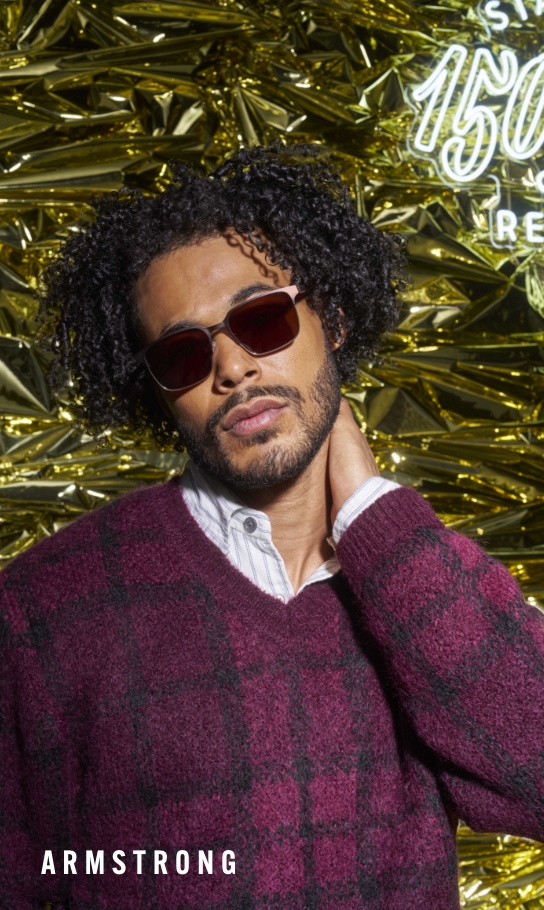 Men's Sunglasses category. Image features the Armstrong sunglasses in front of a gold foil background.