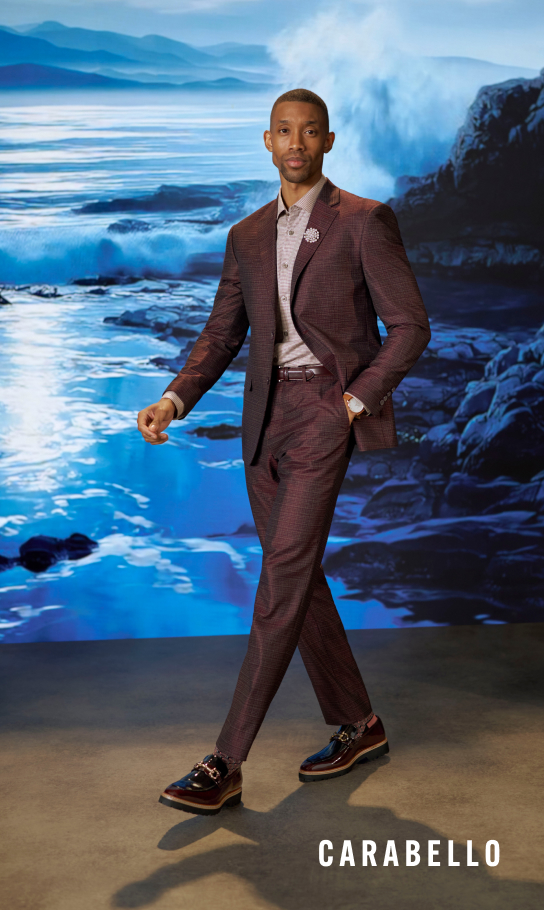 Men's Newest Shoes category. Image features the Carabello loafer in burgundy on a man in a suit.