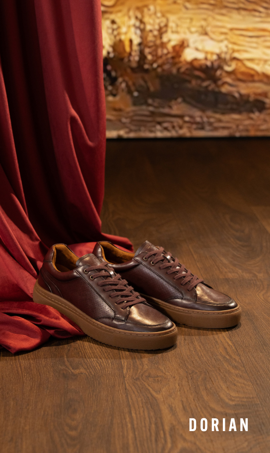 Men's Casual Shoes category. Image features the Dorian sneaker in burgundy.
