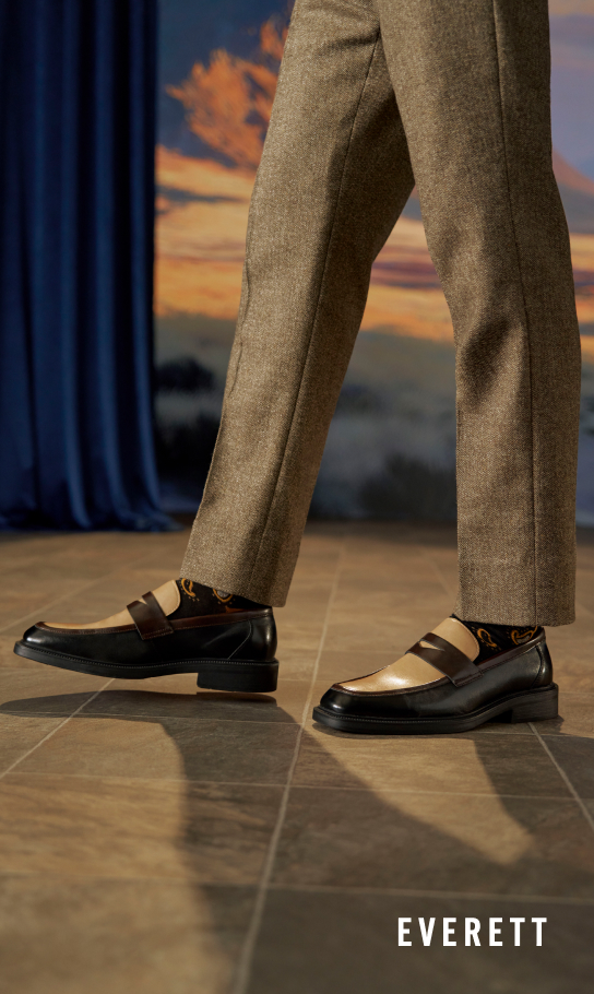Men's Loafers & Slip Ons category. Image features the Everett loafer in black/brown.