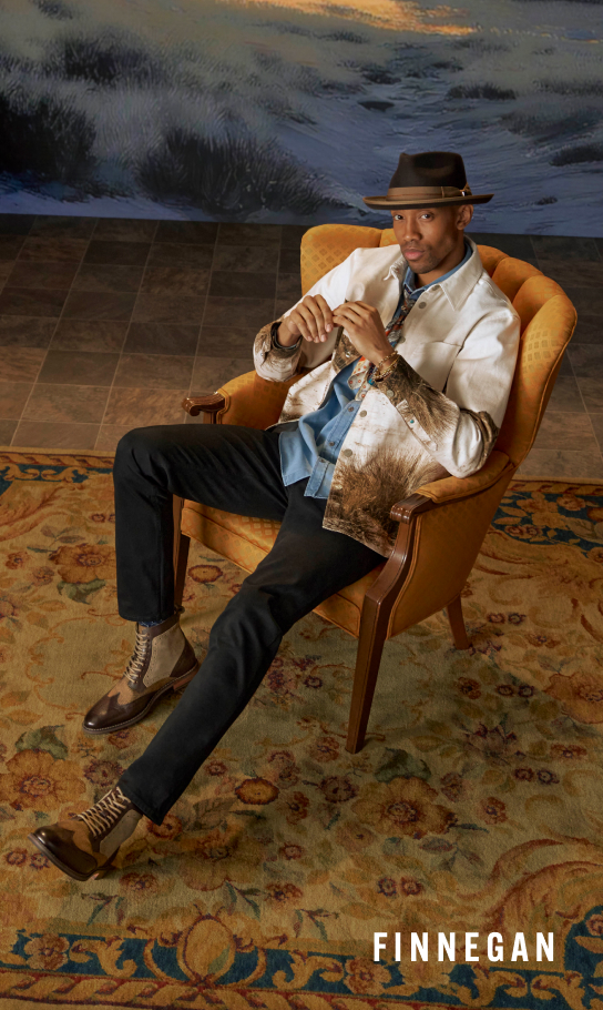Men's Boots category. Image features the Finnegan wingtip boot in brown. 