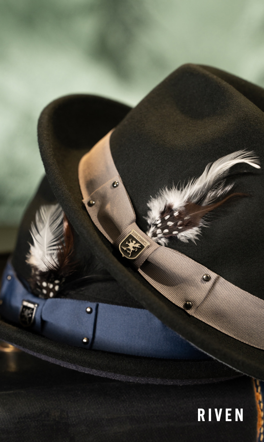 Men's Hats category. Image features 2 colorways of the Riven fedora.