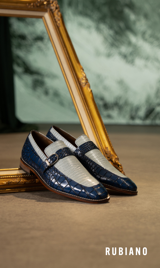 Men's Fashion Shoes category. Image features the Rubiano loafer in navy.