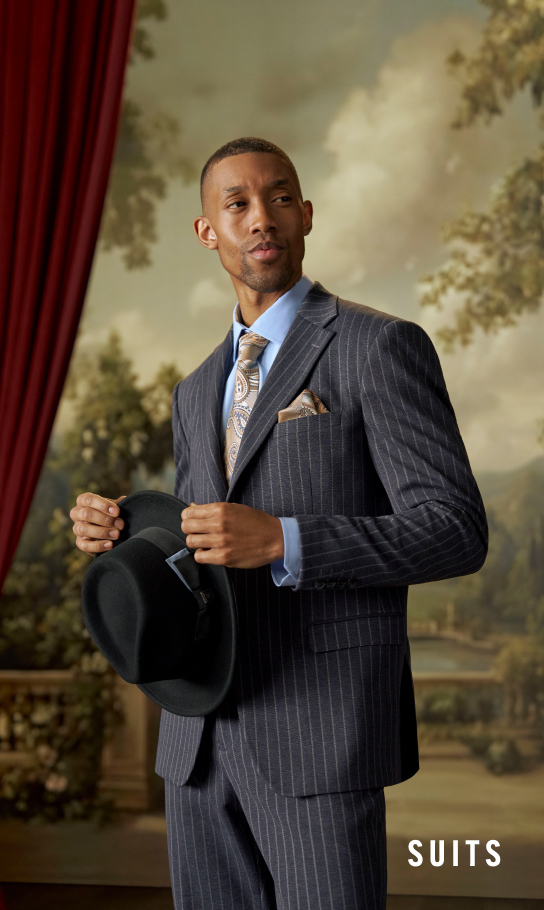 Men's Suits category. Image features a pinstripe Stacy Adams suit.