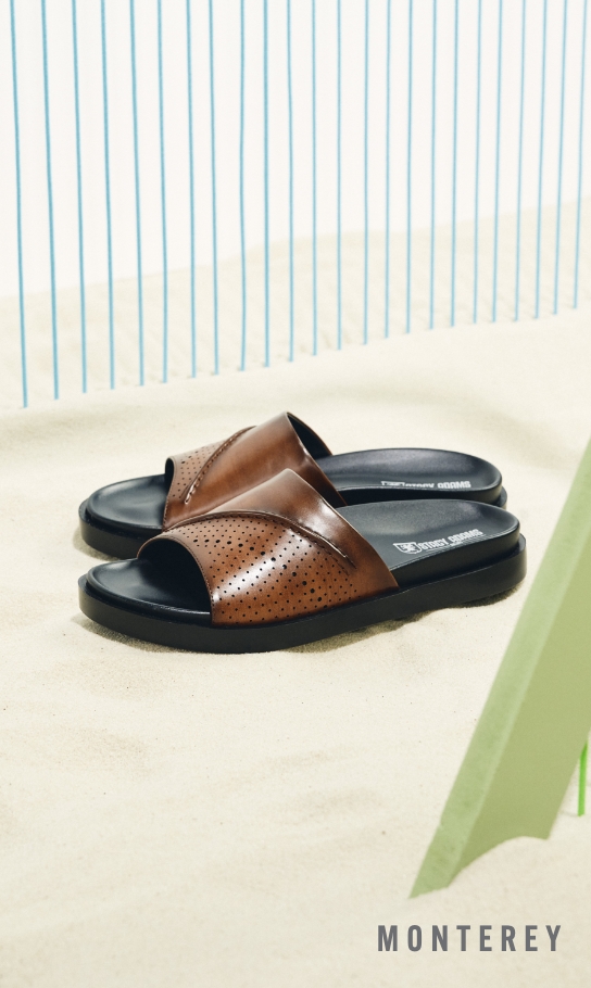 Men's Sandals Category. Image features the Monterey sandal in cognac.