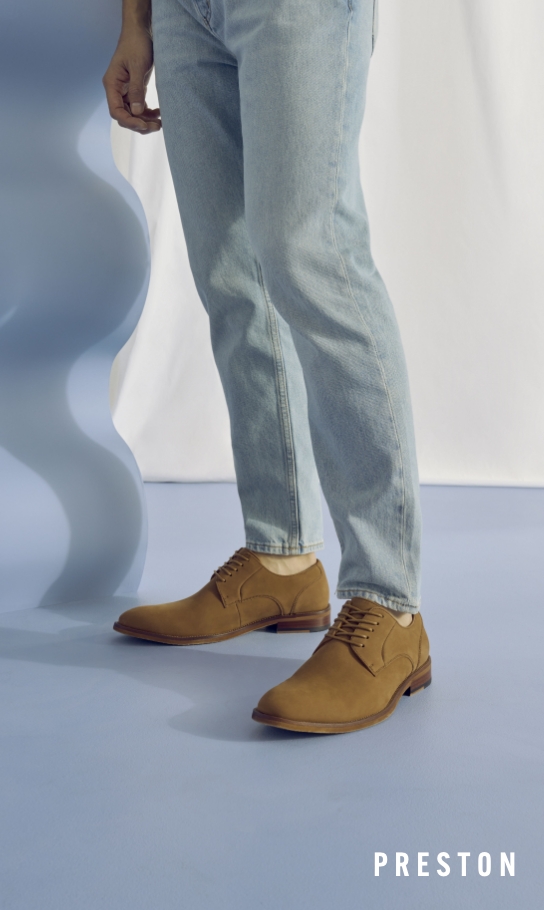 Men's Casual Shoes category. Image features the Preston oxford in tan.