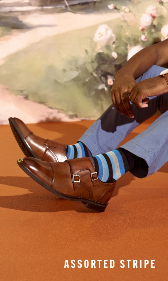 Men's Socks category. Image features the Assorted Stripe sock in blue.