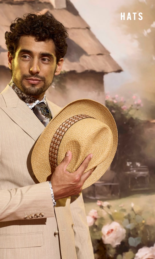 Men's Hats category. Image features a natural woven fedora with patterned band.