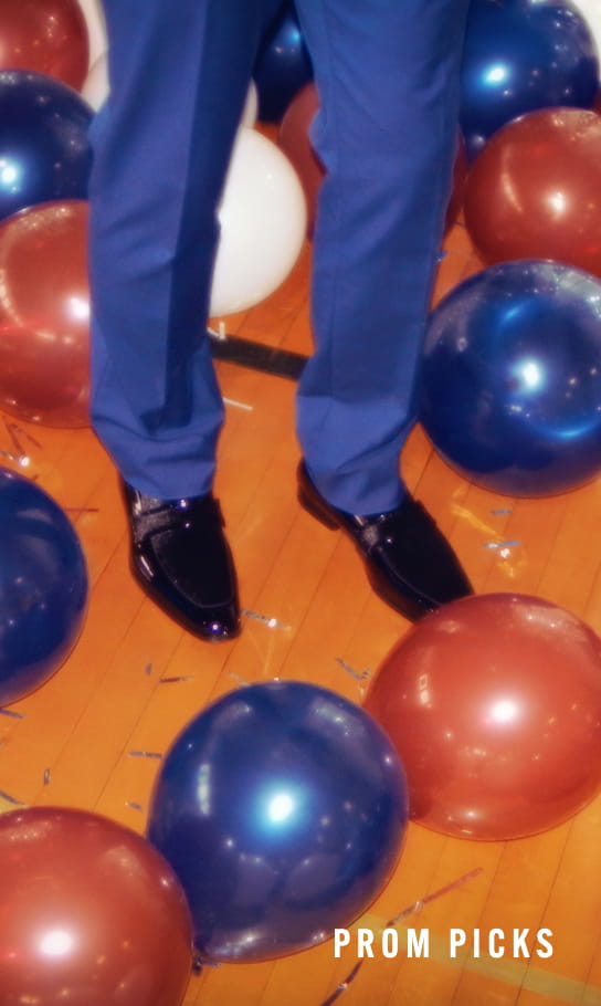 Prom Picks Image features the Spratley loafer in black surrounded by balloons.