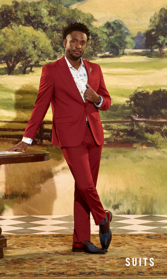 Men's Suits category. Image features a red Stacy Adams suit.