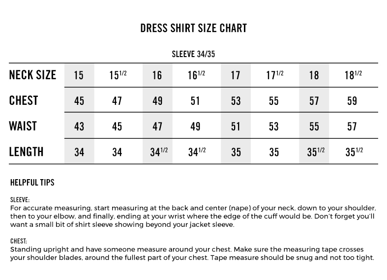 Size Chart Dress Shirt Men