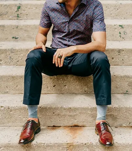 The featured image is a model sitting on a stoop wearing wingtip oxford shoes.