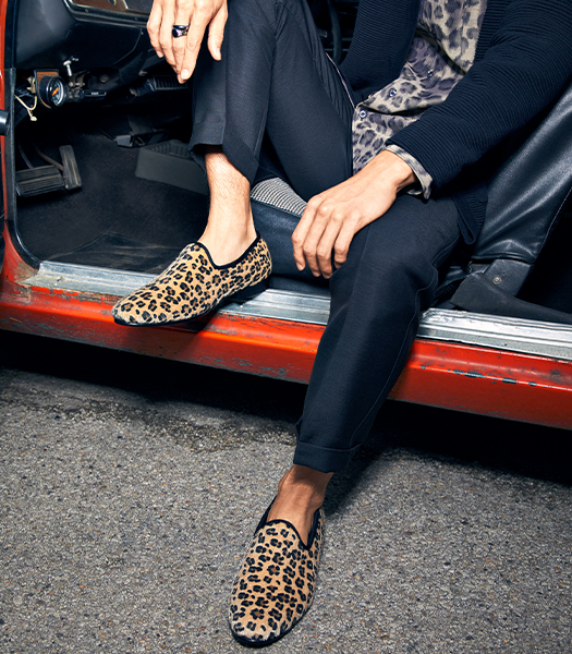 The featured shoe is the Sultan Leopard Pony Hair Slip On in Leopard.