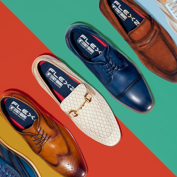 "Online Shopping? The Best Deals are just a Click Away." The featured product image showcases a variety of Stacy Adams shoe styles with Flexzone insoles against a colored background.