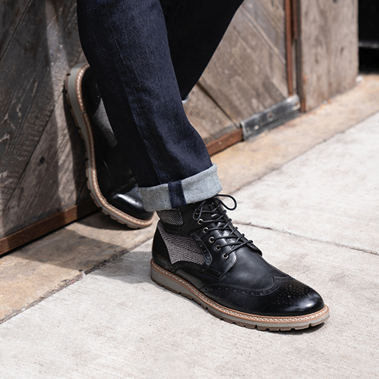 "First Date Or Weekly Ritual, Here Are Some Of Our Favorite Date Night Ideas And Shoes To Match." The featured product is the Granger Wingtip Lace Boot in Black.