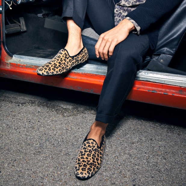 "Follow These Men's Style Tips For A Stylish Look From Head To Toe." The featured product is the Sultan Leopard Pony Hair Slip On in Leopard.