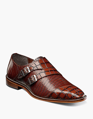 Toscano Leather Sole Angled Cap Toe Double Monk Strap in Cognac for $69.90