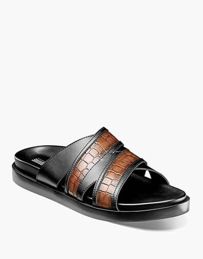 Mondo Cross Strap Slide Sandal in Black and Cognac for $65.00