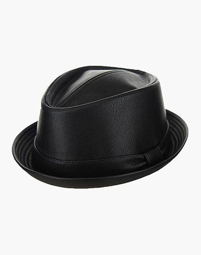 Vincent Fedora Vegan Leather Pinch Front Hat in Black for $$40.00