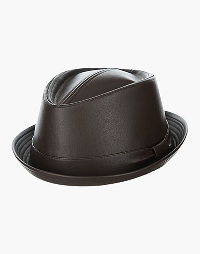 Vincent Fedora Vegan Leather Pinch Front Hat in Brown for $$40.00