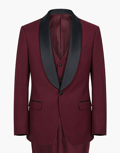 Calloway 3 Piece Vested Tux in Burgundy for $$250.00