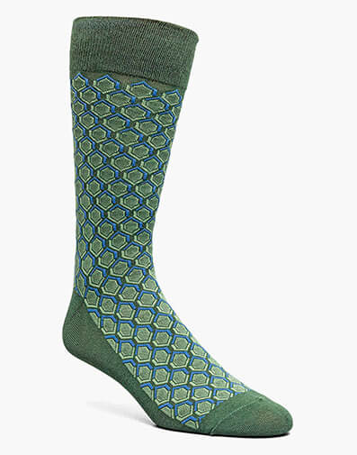 Colorful Hexagons Men’s Crew Dress Sock in Green Multi for $$12.00