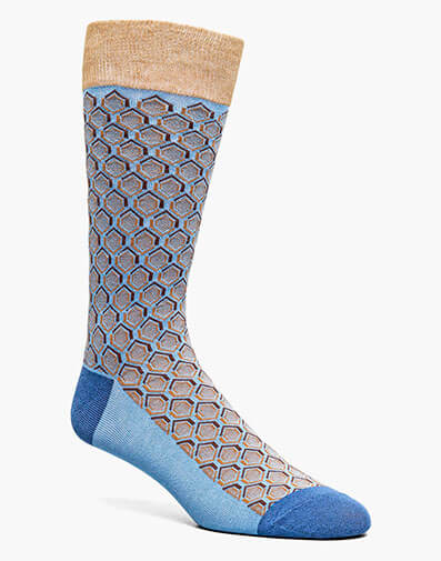 Colorful Hexagons Men’s Crew Dress Sock in Blue Multi for $$12.00